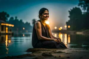 une femme séance sur le rive de une Lac à nuit. généré par ai photo