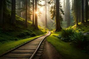 une train Piste dans le forêt avec Soleil brillant par le des arbres. généré par ai photo