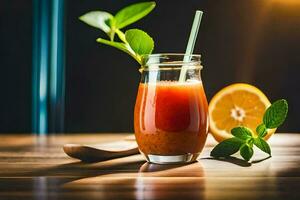 une verre de jus avec un Orange tranche et menthe feuilles. généré par ai photo