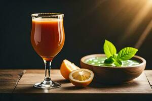 une verre de jus et une bol de soupe. généré par ai photo