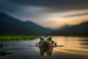 une grenouille séance sur le bord de une Lac à le coucher du soleil. généré par ai photo