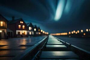 une longue exposition photographier de une train Piste à nuit. généré par ai photo