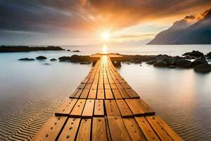 une en bois Dock s'étire en dehors dans le océan à le coucher du soleil. généré par ai photo