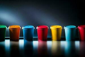 une rangée de coloré Plastique tasses sur une foncé surface. généré par ai photo