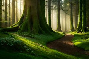 une chemin par une forêt avec des arbres et herbe. généré par ai photo