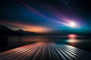 une Dock avec une brillant ciel et une lune dans le Contexte. généré par ai photo