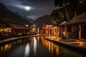 une rivière dans le montagnes à nuit avec Maisons et une plein lune. généré par ai photo