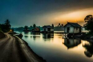 une rivière avec Maisons sur il à le coucher du soleil. généré par ai photo