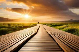 une en bois promenade pistes à une le coucher du soleil. généré par ai photo