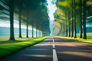 une longue route avec des arbres dans le Contexte. généré par ai photo