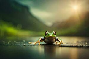 une grenouille séance sur le sol dans de face de une Montagne. généré par ai photo