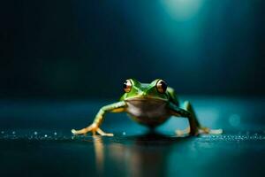 une grenouille séance sur une foncé surface avec l'eau gouttelettes. généré par ai photo