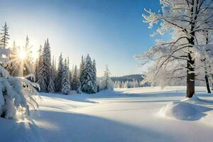 neige couvert des arbres et le Soleil brillant par le des arbres. généré par ai photo