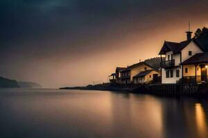 une maison sur le l'eau à le coucher du soleil. généré par ai photo