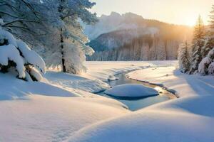 neige couvert des arbres et une rivière dans le montagnes. généré par ai photo