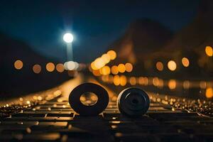 deux planches à roulettes asseoir sur le sol à nuit. généré par ai photo