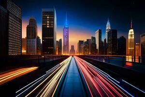 une ville horizon à nuit avec lumières sur le route. généré par ai photo