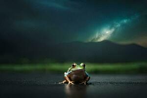 une grenouille séance sur le sol dans de face de une nuit ciel. généré par ai photo