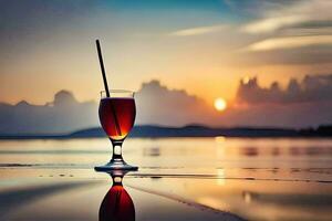 une verre de rouge du vin sur le plage à le coucher du soleil. généré par ai photo