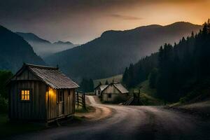 une petit cabine dans le montagnes à le coucher du soleil. généré par ai photo