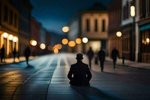 une homme dans une costume est assis sur le sol dans une ville à nuit. généré par ai photo