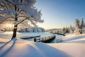 une hiver scène avec une Dock et des arbres. généré par ai photo