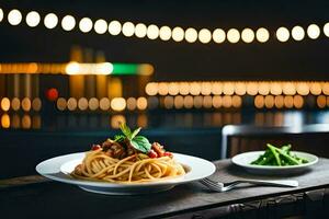 une assiette de spaghetti et une bol de vert des haricots asseoir sur une en bois table dans de face de un. généré par ai photo