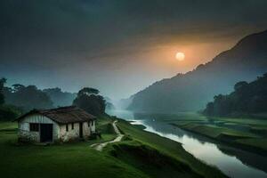 le Soleil monte plus de une petit maison dans le milieu de une rivière. généré par ai photo