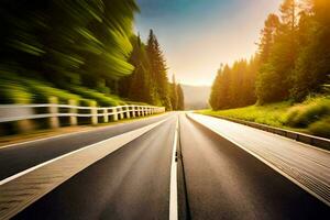 une floue image de une route avec des arbres et une Soleil. généré par ai photo