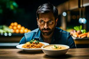 une homme séance à une table avec deux assiettes de aliments. généré par ai photo