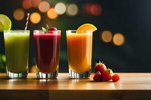 Trois différent les types de jus sont montré sur une tableau. généré par ai photo