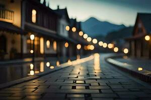 une rue avec lumières sur il à nuit. généré par ai photo