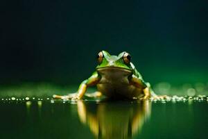 une grenouille séance sur le l'eau surface avec une vert Contexte. généré par ai photo