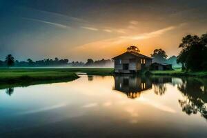 une maison est assis sur le bord de une Lac à le coucher du soleil. généré par ai photo