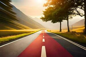 une longue vide route avec des arbres et montagnes dans le Contexte. généré par ai photo