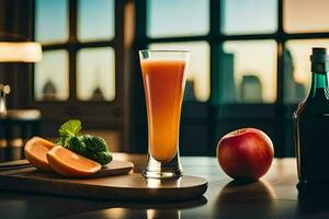 une verre de jus et un Pomme sur une tableau. généré par ai photo