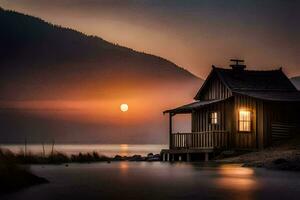 une petit cabine est assis sur le rive de une Lac à le coucher du soleil. généré par ai photo