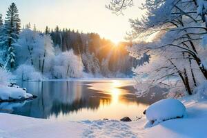 hiver paysage avec le Soleil réglage plus de une lac. généré par ai photo