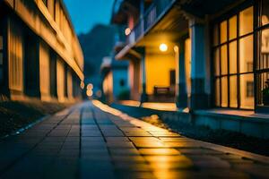 une long, étroit ruelle avec lumières sur le rue. généré par ai photo