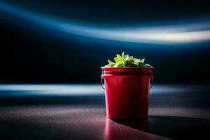 une rouge seau avec une plante dans il. généré par ai photo