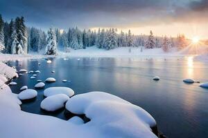 une neigeux rivière avec rochers et des arbres. généré par ai photo