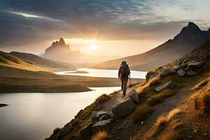 une la personne en marchant sur une Piste dans le montagnes. généré par ai photo