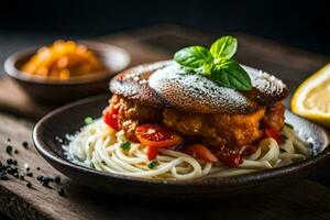 une assiette de spaghetti avec Boulettes de viande et tomates. généré par ai photo