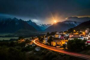 le Soleil ensembles plus de une ville dans le montagnes. généré par ai photo