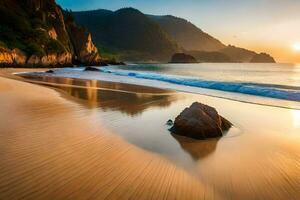 une plage avec rochers et l'eau à le coucher du soleil. généré par ai photo