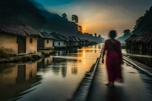 une femme des promenades le long de une rivière dans de face de une village. généré par ai photo
