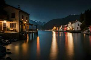 une Lac à nuit avec Maisons sur le rive. généré par ai photo