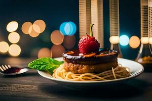 une assiette avec une dessert et une fraise sur il. généré par ai photo