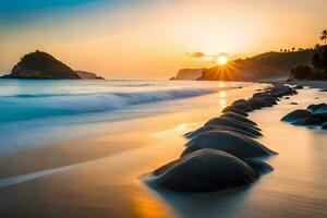 le Soleil ensembles plus de le océan et rochers sur le plage. généré par ai photo