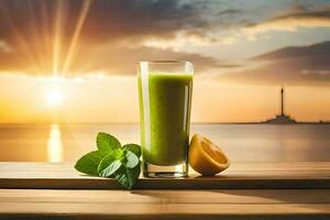 vert smoothie sur le table avec une le coucher du soleil dans le Contexte. généré par ai photo